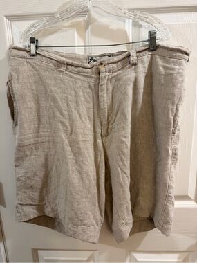 Beige Linen-Blend Flat-Front Men's Shorts